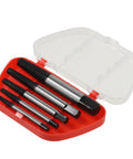 Ultimate 5-Piece Screw Extractor Kit To Rip Out Stripped, Rusted Or Broken Bolts With Ease Using High Grade Carbon Steel Reverse Spiral Bits From 3mm To 18mm With Tough Storage Case For Any Serious DIYer Or Pro, red case open