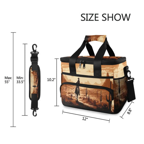 Cowboy Western Desert Insulated Lunch Bag With Adjustable Shoulder Strap, Reusable Cooler Tote, 15L, dimensions shown.