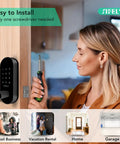 Woman installing Fingerprint Smart Door Lock With Handle And Keypad Built In WiFi No Gateway Needed For Remote Access Keyless Entry