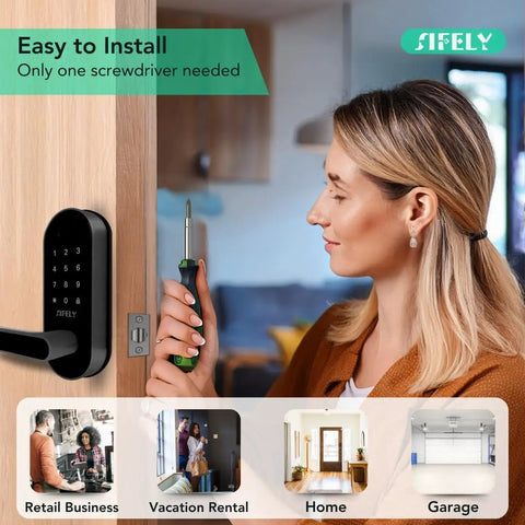 Woman installing Fingerprint Smart Door Lock With Handle And Keypad Built In WiFi No Gateway Needed For Remote Access Keyless Entry