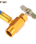 Close-up of DIY Car AC Recharge Kit With Gauge And 1/2 Inch Self Sealing Valve Can, brass connector and blue hose.
