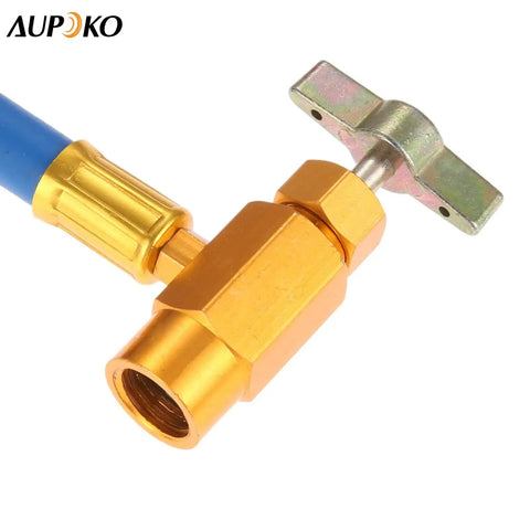 Close-up of DIY Car AC Recharge Kit With Gauge And 1/2 Inch Self Sealing Valve Can, brass connector and blue hose.