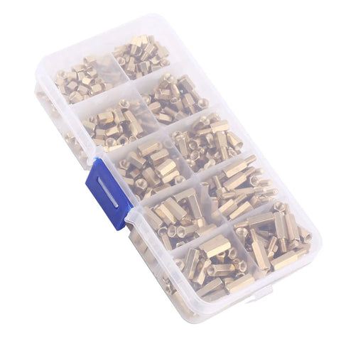 Three Millimeter Brass Standoff Kit For PCBs And DIY Electronics with hex male and female ends in plastic case