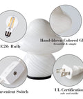 Desert Swirl Mushroom Lamp with Stepless Dimmable Glass Shade, Warm White LED Bulb Included, highlights of design and features.