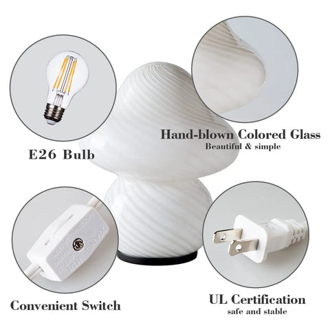 Desert Swirl Mushroom Lamp with Stepless Dimmable Glass Shade, Warm White LED Bulb Included, highlights of design and features.