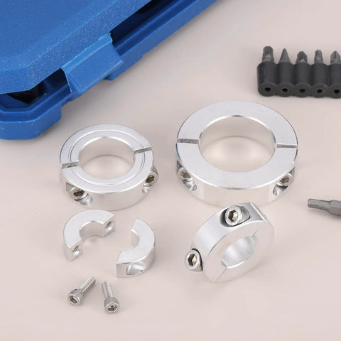 Two-Piece Double Split Shaft Collar Clamp-On Set Screw Collars For Five Eighths Bore And One Point Three One Two Five Inch Outer Diameter Aluminum 2024 Lightweight Built To Last Solid Lockdown For Smooth Spin, silver two-piece collars with screws