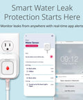 Smart WiFi Water Leak Detector Starter Kit With Two Sensors 100 dB Alarm App Alerts LED Strobe No Hub Needed Works With Google 1000ft Range Expandable System, shown with app interface and water sensor.