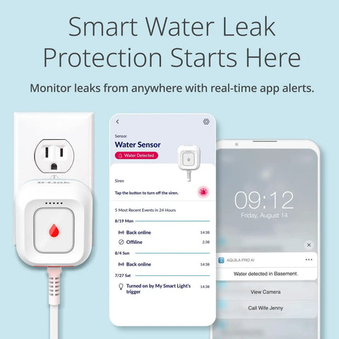 Smart WiFi Water Leak Detector Starter Kit With Two Sensors 100 dB Alarm App Alerts LED Strobe No Hub Needed Works With Google 1000ft Range Expandable System, shown with app interface and water sensor.