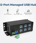 12 Port USB 3.2 Gen 1 Hub With Status LEDs Rugged Metal Chassis 5Gbps Data Transfer Wall Mount Or DIN Rail Mount Plug And Play