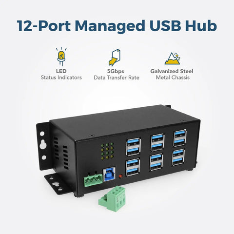 12 Port USB 3.2 Gen 1 Hub With Status LEDs Rugged Metal Chassis 5Gbps Data Transfer Wall Mount Or DIN Rail Mount Plug And Play