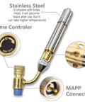 Triple Head MAPP Torch With Metal Body, 360 Degree Swivel Flame, Triple Tube Design Delivers Hotter Heat For Quick Soldering, Flexible Flame Direction For Any Angle Jobs, Blue Finish Pro Grade showing stainless steel body and flame controller