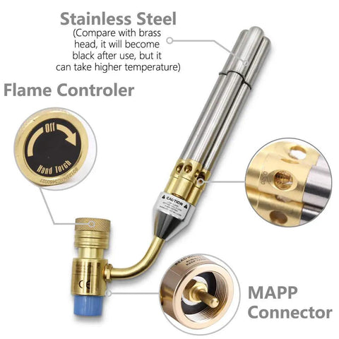 Triple Head MAPP Torch With Metal Body, 360 Degree Swivel Flame, Triple Tube Design Delivers Hotter Heat For Quick Soldering, Flexible Flame Direction For Any Angle Jobs, Blue Finish Pro Grade showing stainless steel body and flame controller