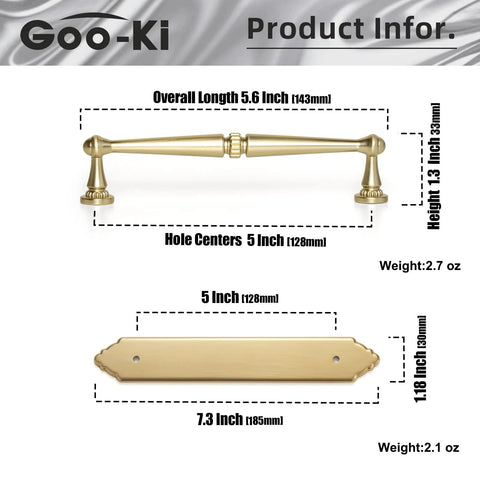 Dimensions of Champagne Bronze Cabinet Pull with backplate, detailing 5.04-inch center to center, showcasing modern bar drawer handle.