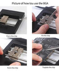Steps showing use of 2 In 1 Hot Air Rework Stand With 65mm And 40mm Clamp, PCB Board Holder, Vertical SMD Clip, Pro-Grade Adjustable Height Via Fixing Bolt, Sturdy Metal Desoldering And BGA Rework Reballing Station For DIY Projects to insert and fix chips, tinate plates.
