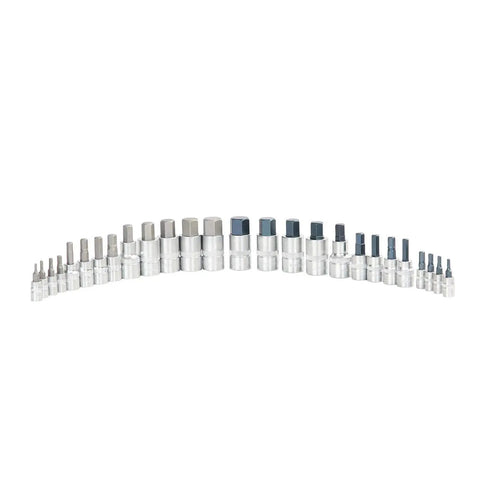 All In One Allen Socket Set 26 Piece For SAE And Metric Sizes, displayed in a row, made from heat treated alloy steel, rust resistant.