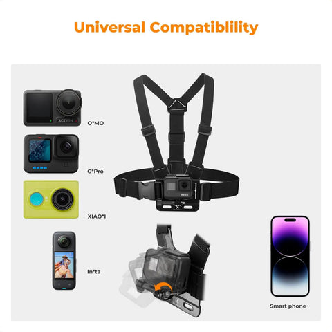 All In One Action Cam Mount Kit With Chest Strap Harness Backpack Clip 360 Degree Rotating Head and Wrist Strap compatibility chart