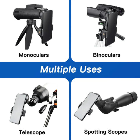 Smartphone Telescope Adapter Mount For 16 To 50mm Eyepieces Universal Clip On Attachment displaying multiple uses with telescope, binoculars.