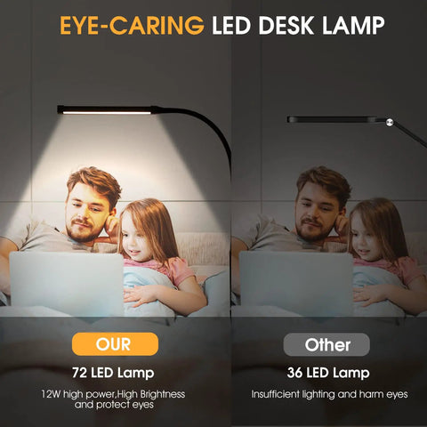 Comparison of Clip On LED Desk Lamp With Dimmable 3 Color Modes And 10 Brightness Levels illuminating a man and child on sofa