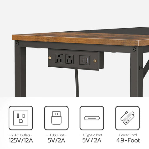 Close-up of Rustic Brown And Black Computer Desk With Power Outlet Compact Thirty One Point Five Inch Wide showing power outlets.