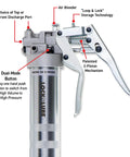 Side view of LockNLUBE professional dual-mode pistol-grip grease gun with metallic silver body and trigger.