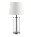 Maya 21 Inch Fillable Table Lamp With Clear Glass Base And White Linen Shade Coastal Transitional Style For Living Room Bedroom