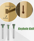 3 Piece Keyhole Router Bits With One Quarter Inch Shank For T Slot Cutting And Hex Bolt Mounting Rock Solid Woodworking Tool Kit showing bits and keyhole cut