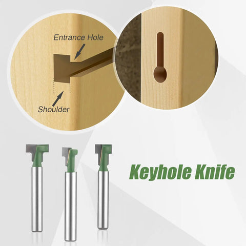 3 Piece Keyhole Router Bits With One Quarter Inch Shank For T Slot Cutting And Hex Bolt Mounting Rock Solid Woodworking Tool Kit showing bits and keyhole cut
