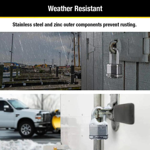 Weatherproof Outdoor Padlocks With Long Shackle Four Pack For Gates Fences And Sheds Keyed Alike in rain and snow conditions