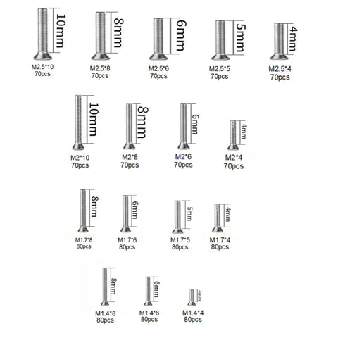 Image showcasing various sizes of countersunk Phillips screws included in the Massive 1190 Piece Micro Screw Kit with M1.4-M2.5 for electronics repair.