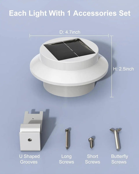 Eight Pack White Solar Powered Gutter Lights Outdoor Decorative Waterproof LED Fence Lamps with screws and clips set.
