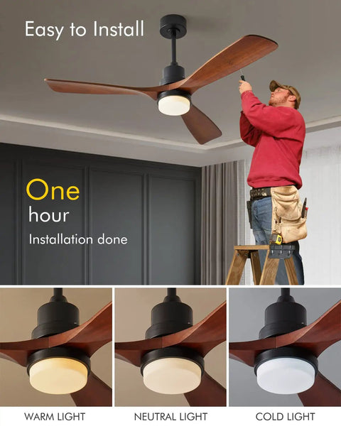 Sleek 52 Inch Black Ceiling Fan With Lights 3 Mahogany Wood Blades Remote Control Ultra Quiet Reversible DC Motor installation