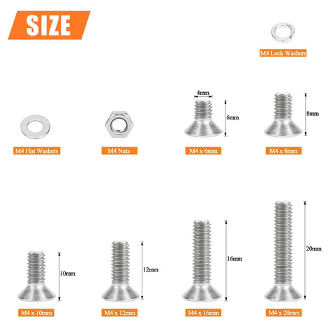 Heavy Duty 304 Stainless Steel M4 Fastener Kit Providing Countersunk Socket Cap Screws Matching Hex Nuts Lock Washers And Flat Bolts For Rough Garage And Outdoor Jobs Demanding Dead Reliable Corrosion Resistant Hardware That Works Worry Free, showing various sizes of M4 screws and nuts.