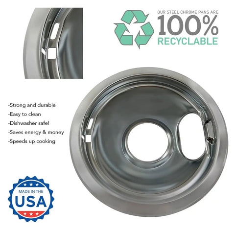 Made In USA Chrome Drip Pan Set For Electric Ranges Four Pack Includes Two Six Inch And Two Eight Inch Pans With Eco Plating
