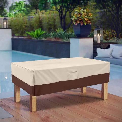 Heavy Duty Waterproof Rectangular Outdoor Patio Coffee Table Cover With Padded Handles And Durable Hem Cord Fits Large Rectangular Tables 600D Oxford Fabric UV Stabilized Beige And Brown