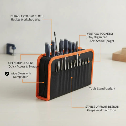 Vertical Tool Organizer Bag For Workbench Red Oxford Cloth Caddy With Open Top Slots For Screwdrivers And Bits on table