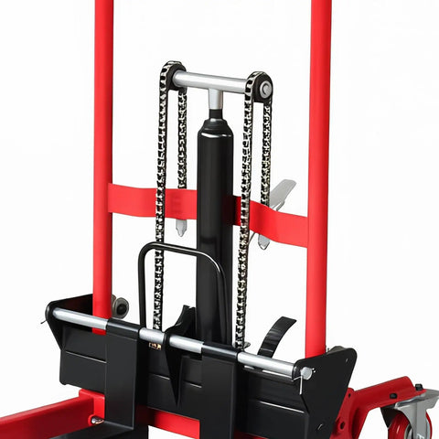 No Sweat Manual Hydraulic Pallet Jack Foldable Fork Truck Hella Smooth Swivel Wheels heavy-duty hydraulic mechanism with red frame.