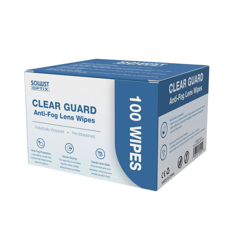 SOLWST Optix Clear Guard anti-fog lens wipes box, 100 pre-moistened, individually wrapped