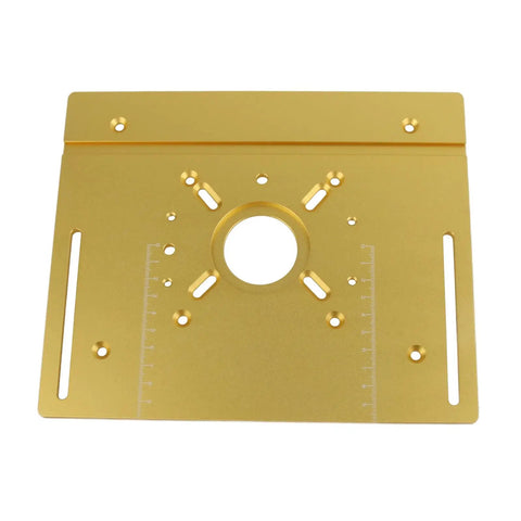 Rugged Aluminum Router Lift Plate With Easy Manual Forty Seven Millimeter Adjustments Fits Standard Sixty Four To Sixty Five Millimeter Trimmers top view with measurement markings.