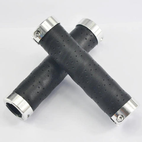 Grippy Leather Double Lock On Bike Grips 22.2mm for Mountain and Road Bikes, anti-slip with aluminum clamp in black, ergonomic design