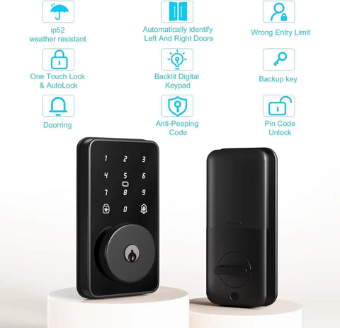 Keyless Entry Door Lock With Keypad Digital Code Deadbolt Auto Lock No WiFi Or App Needed Easy Installation One Time Codes Permanent PINs 100 Plus Customizable Combinations For Safe Home Access, front and back view
