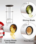 Pro-Grade Meat Grinder And Slicer Shredder Attachments For Stand Mixers used to slice cucumbers, grate cheese, and grind nuts.
