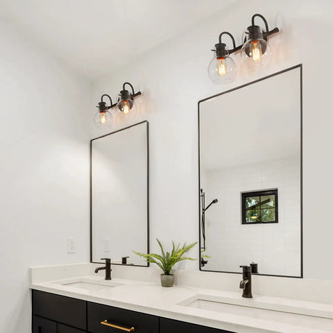 Bathroom with Black 2-Light Vanity Light Fixture With Clear Glass Shades, Dope Modern Farmhouse Bath Lighting, Matte Black Finish
