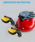 Built Tough Hard Hat Noise Isolation Ear Muffs Deliver Rock Solid Industrial Safety Hearing Protection And Heavy Duty Sound Blocking For Bustling Construction Sites With Zero Fuss And Top Shelf Comfort In Bright Yellow placed next to a red hard hat and gloves.