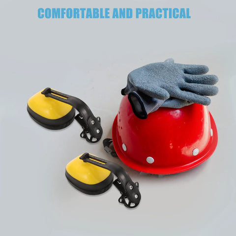 Built Tough Hard Hat Noise Isolation Ear Muffs Deliver Rock Solid Industrial Safety Hearing Protection And Heavy Duty Sound Blocking For Bustling Construction Sites With Zero Fuss And Top Shelf Comfort In Bright Yellow placed next to a red hard hat and gloves.