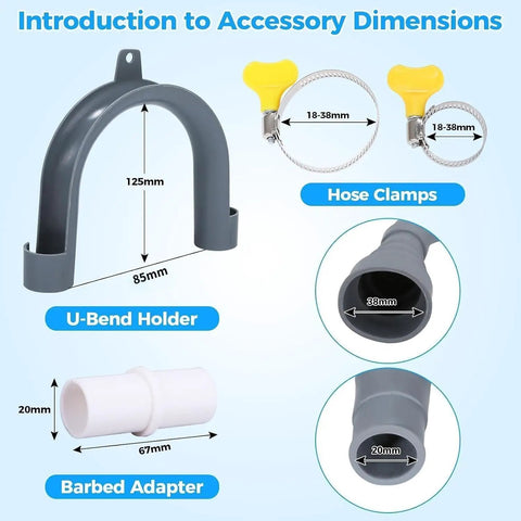 Dimensions of U-Bend Holder, Barbed Adapter and Hose Clamps from Universal Washing Machine Drain Hose Extension Kit With Flexible Corrugated Hose 6.5 Foot Long Includes Multi Diameter Adapters Three Quarter Inch Seven Eighths Inch One And A Quarter Inch And One And A Half Inch Clamps For Washer Dishwasher Sink.