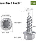 Heavy Duty Size Eight By One Half Self Tapping Gutter Screws Rock Solid Rust Resistant 410 Stainless Steel Sheet Metal Fasteners With Hex Washer Head Tool Included No Sweat Installation For Outdoor Projects measurements and structure.