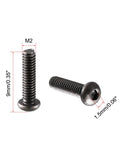 Badass High Strength M2x8mm Button Head Hex Socket Cap Bolts Matte Black 100 Piece Batch shown from a side angle with dimension labels.