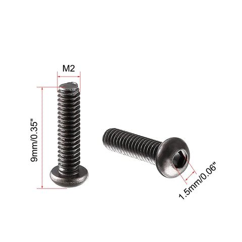 Badass High Strength M2x8mm Button Head Hex Socket Cap Bolts Matte Black 100 Piece Batch shown from a side angle with dimension labels.