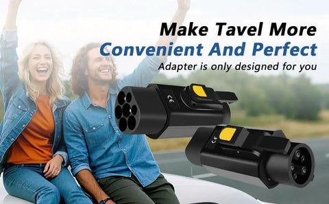 Top Shelf EV Charging Adapter Type 2 To Type 1 Converter 32A 7.2Kw with happy couple celebrating roadside.