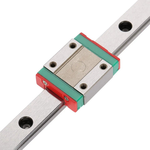 Compact 12mm Linear Rail with Four Point Ball Retainer and Built In Lubrication System, includes 100mm travel, shown in close-up view.